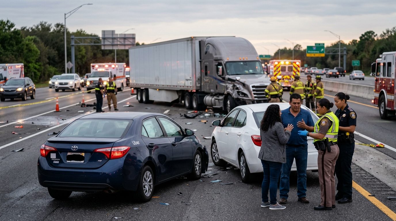 Accidente grave entre vehículos comerciales en carretera al atardecer.