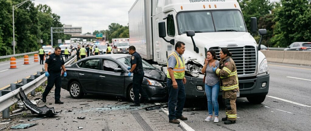 Accidente vehicular grave entre camión y auto con personas hispanas.