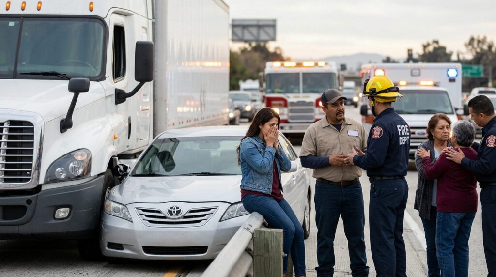 Accidente vehicular grave entre camión y automóvil con personas de origen hispano.