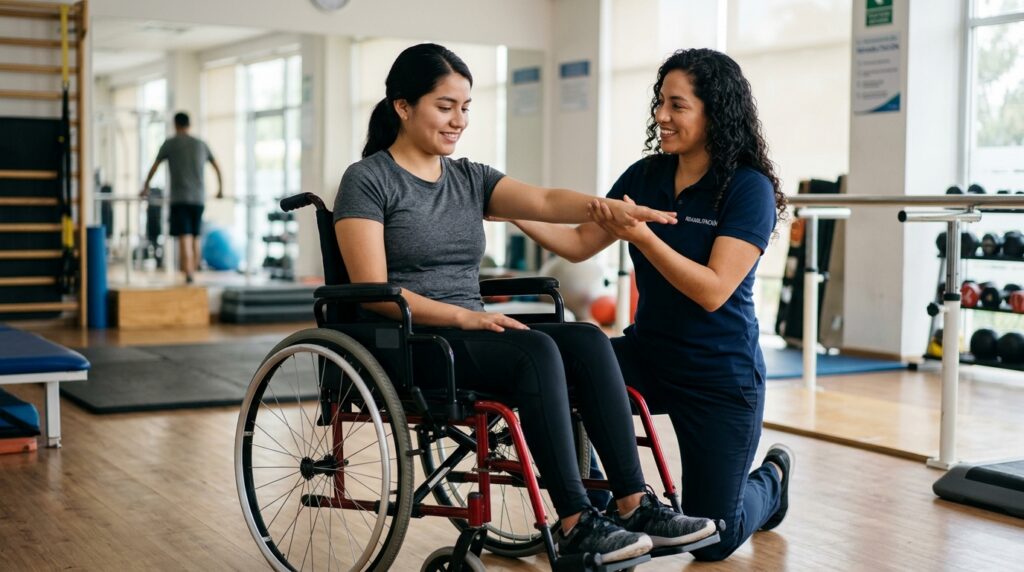 Adulto joven en silla de ruedas con fisioterapeuta en gimnasio de rehabilitación de lesiones medulares.