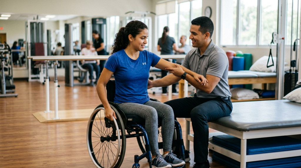 Adulto joven en silla de ruedas con fisioterapeuta en gimnasio de rehabilitación de lesiones medulares.