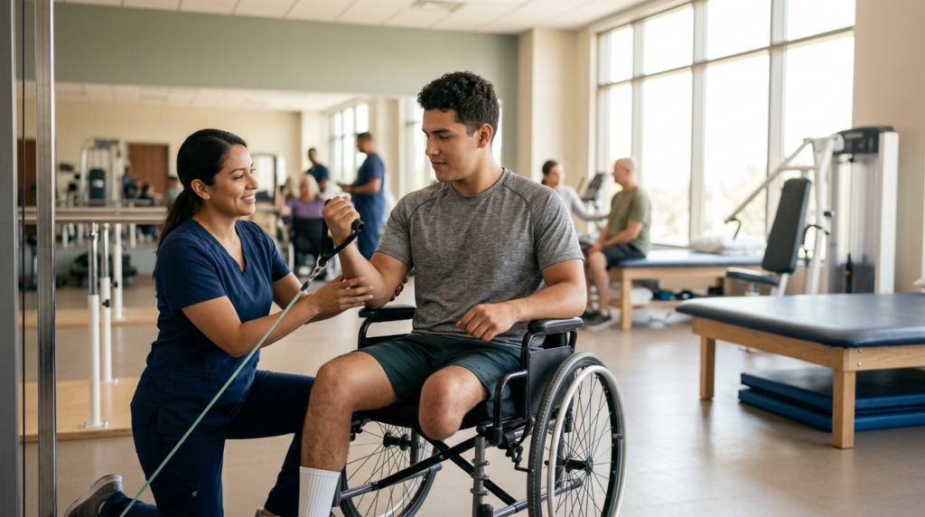 Adulto joven en silla de ruedas con fisioterapeuta en un gimnasio de rehabilitación por lesión medular.