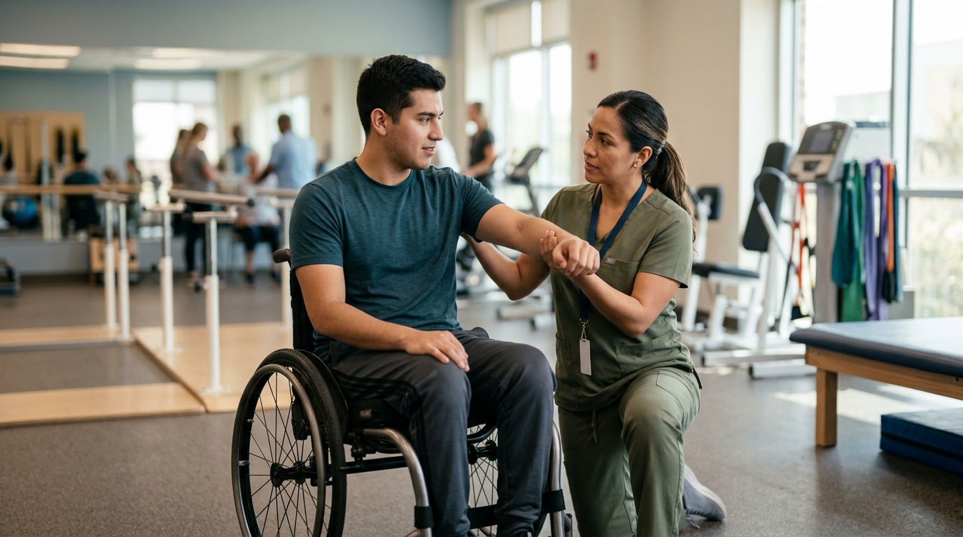 Adulto joven en silla de ruedas con un fisioterapeuta en un gimnasio de rehabilitación de lesiones medulares.