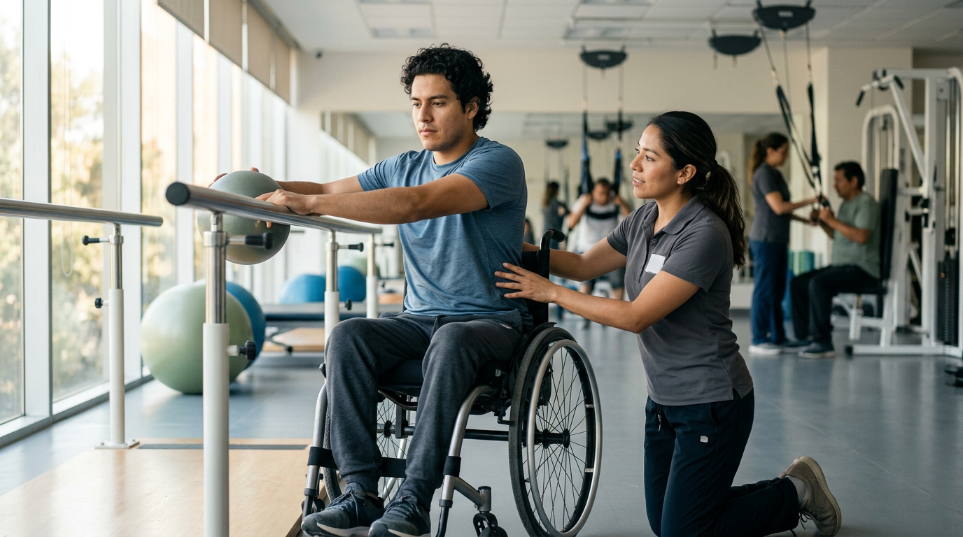 Adulto joven en silla de ruedas junto a fisioterapeuta en gimnasio de rehabilitación de lesiones medulares.