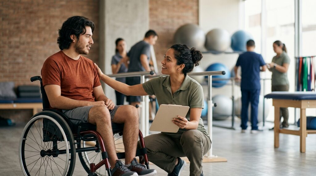 Adulto joven en silla de ruedas junto a fisioterapeuta en gimnasio de rehabilitación de lesiones de columna.