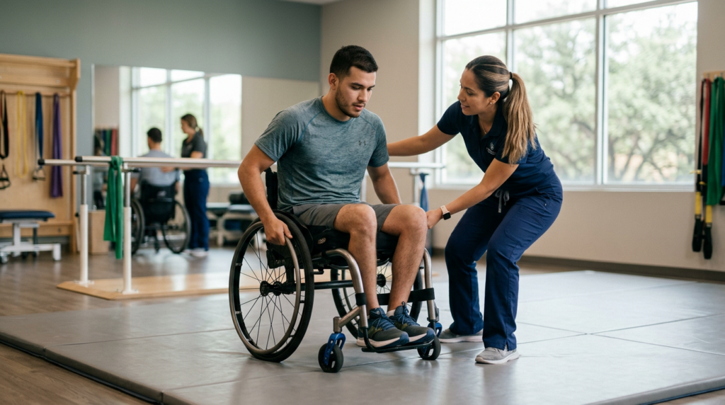 Adulto joven en silla de ruedas junto a fisioterapeuta en gimnasio de rehabilitación de lesiones medulares.