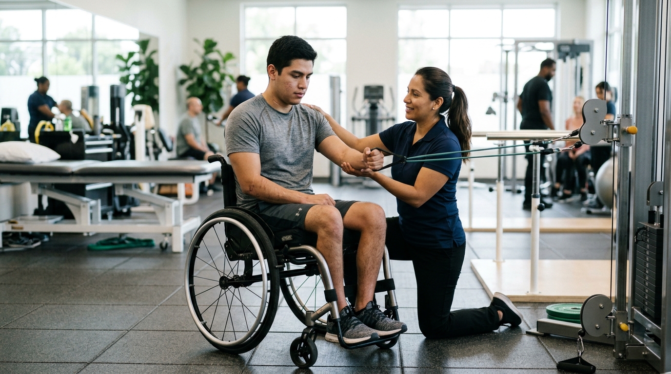 Adulto joven en silla de ruedas junto a fisioterapeuta en gimnasio de rehabilitación de lesiones de columna.
