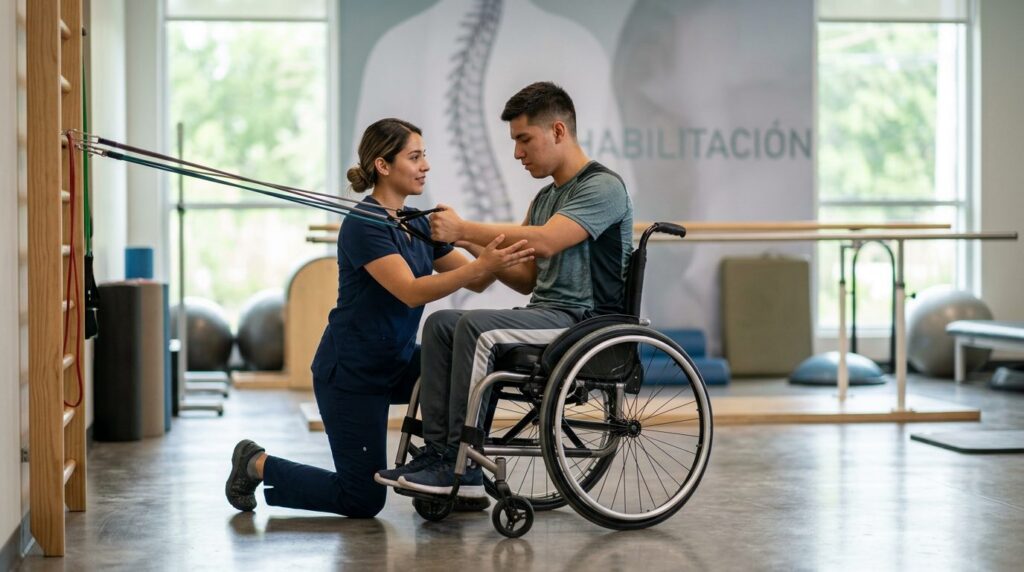 Adulto joven en silla de ruedas junto a fisioterapeuta en gimnasio de rehabilitación de lesiones medulares.