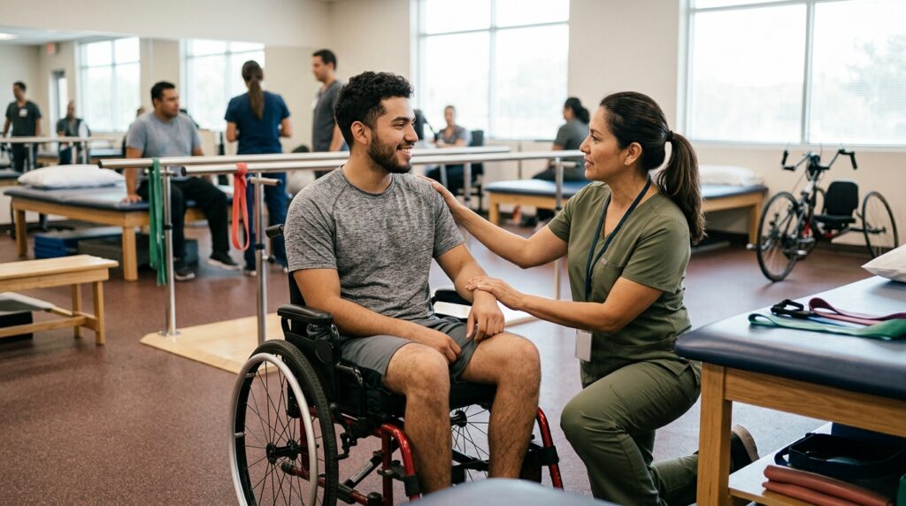 Adulto joven en silla de ruedas junto a fisioterapeuta en gimnasio de rehabilitación de lesiones medulares.