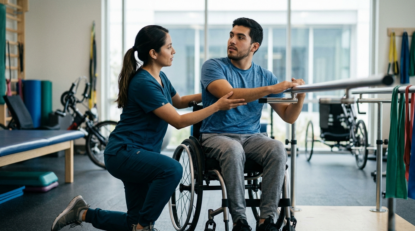 Adulto joven en silla de ruedas junto a fisioterapeuta en gimnasio de rehabilitación de lesiones medulares.