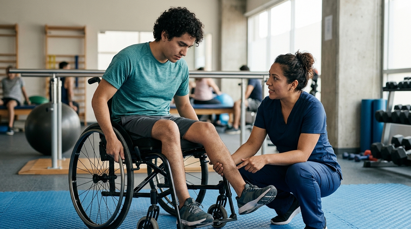 Adulto joven en silla de ruedas junto a fisioterapeuta en gimnasio de rehabilitación de lesiones medulares.