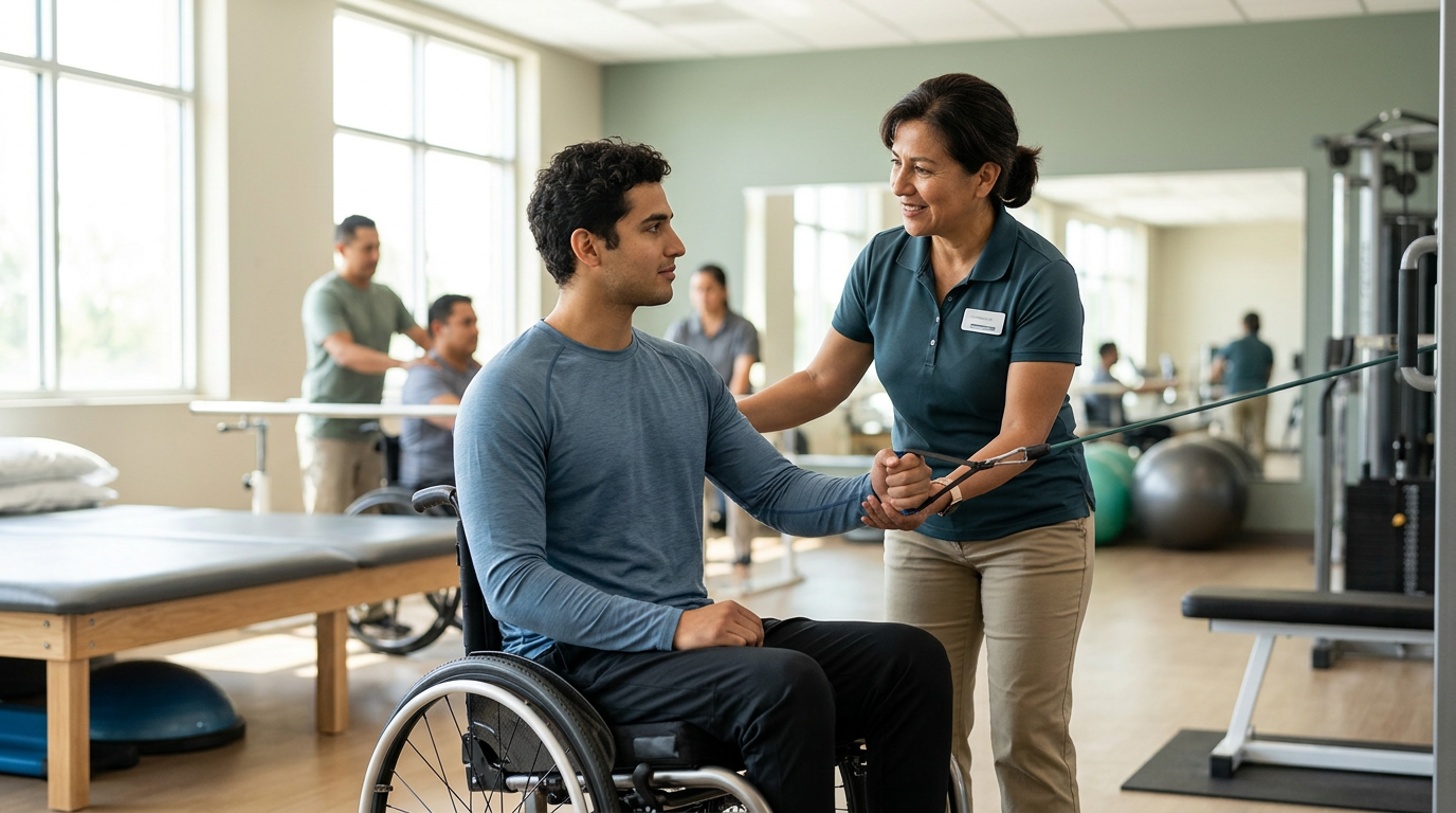 Adulto joven en silla de ruedas junto a fisioterapeuta en gimnasio de rehabilitación de lesiones medulares.