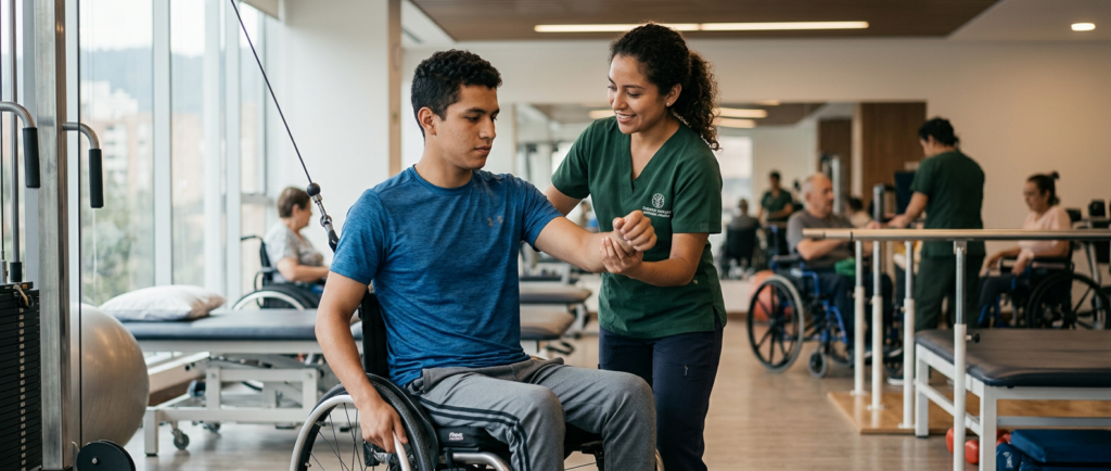 Adulto joven en silla de ruedas junto a fisioterapeuta en un gimnasio de rehabilitación de lesiones medulares.