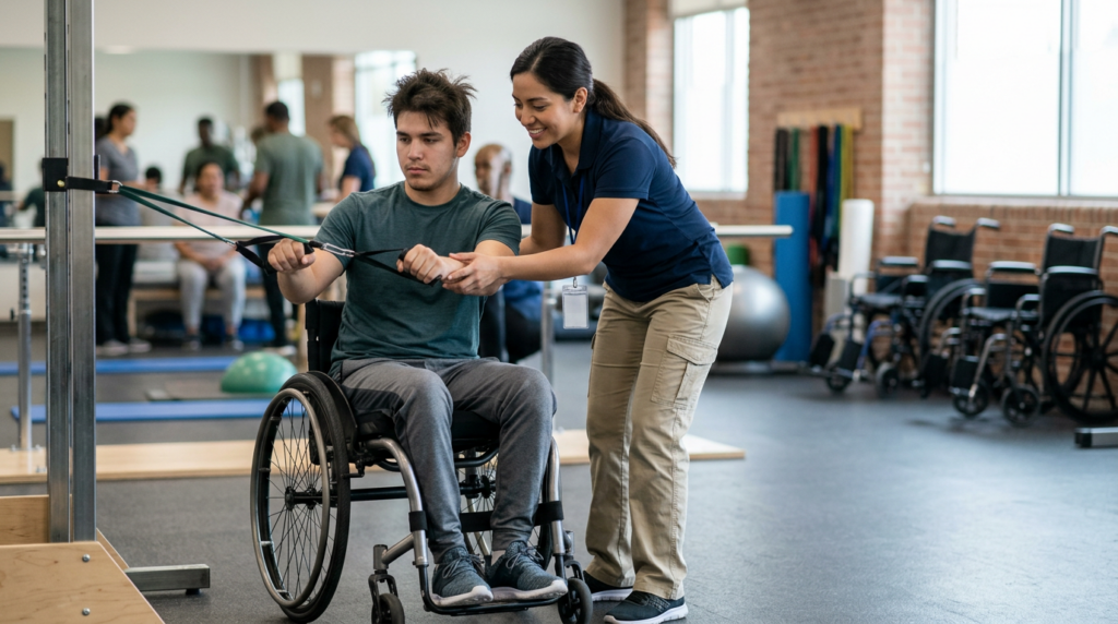 Adulto joven en silla de ruedas junto a fisioterapeuta en un gimnasio de rehabilitación por lesión medular.