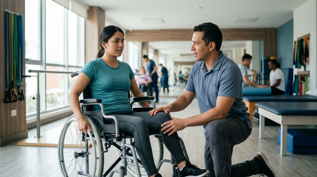 Adulto joven en silla de ruedas junto a fisioterapeuta en un gimnasio de rehabilitación de lesiones medulares.