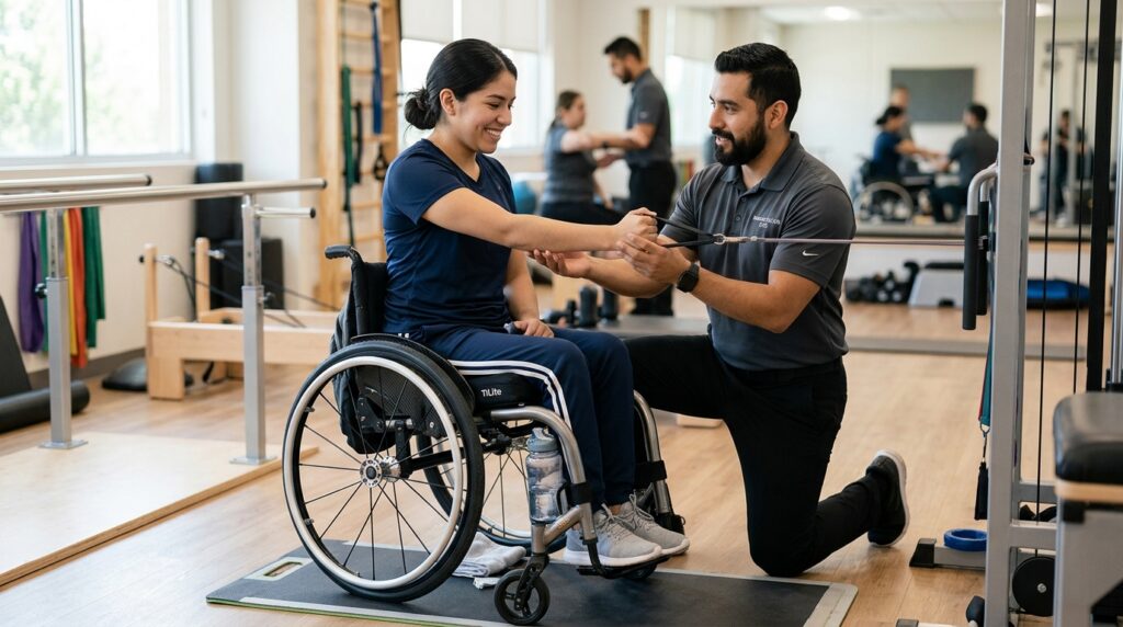Adulto joven en silla de ruedas junto a un fisioterapeuta en un gimnasio de rehabilitación de lesiones medulares.