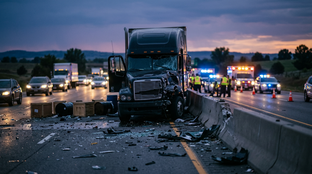 Aftermath of a serious commercial truck collision on a highway at dusk.