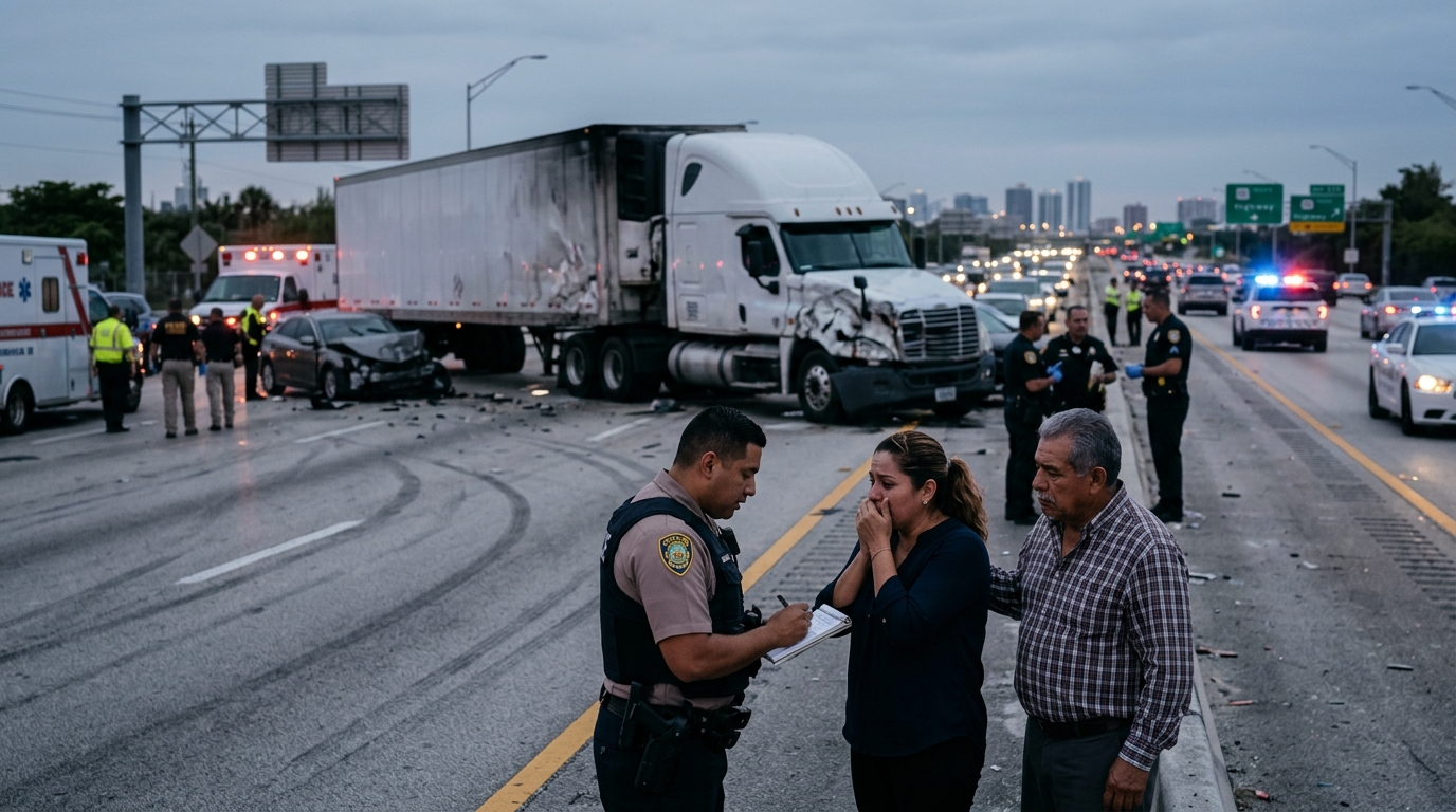 Consecuencias de una colisión grave de camión comercial en una carretera al atardecer con transeúntes hispanos.