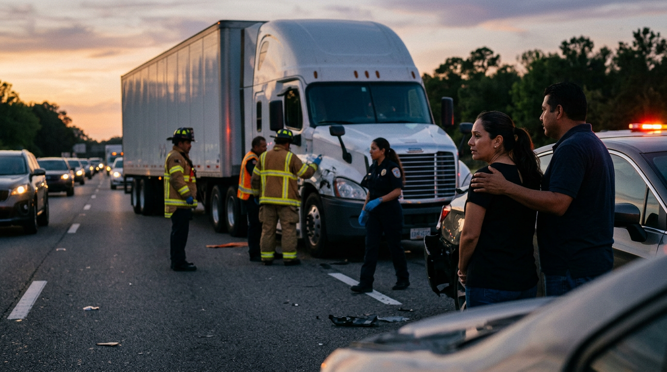 Consecuencias de una colisión grave de camión comercial en una carretera al atardecer, con personas hispanas y latinas cerca.