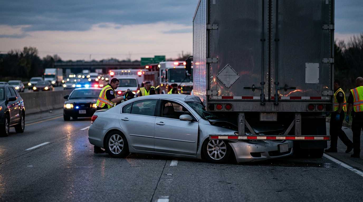 Aftermath of a serious commercial truck collision on a highway at dusk.