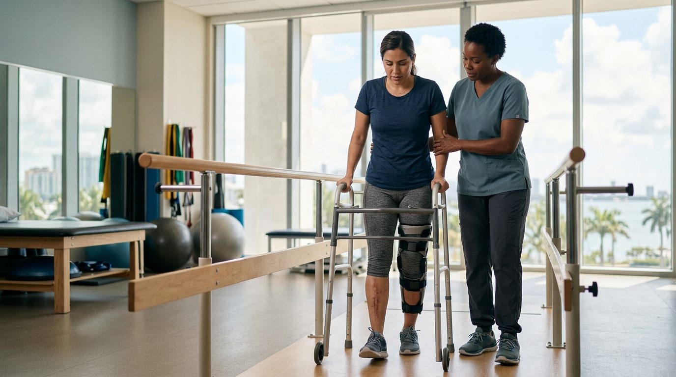 Airplane crash survivor doing physical therapy exercises with a therapist in a rehabilitation clinic.