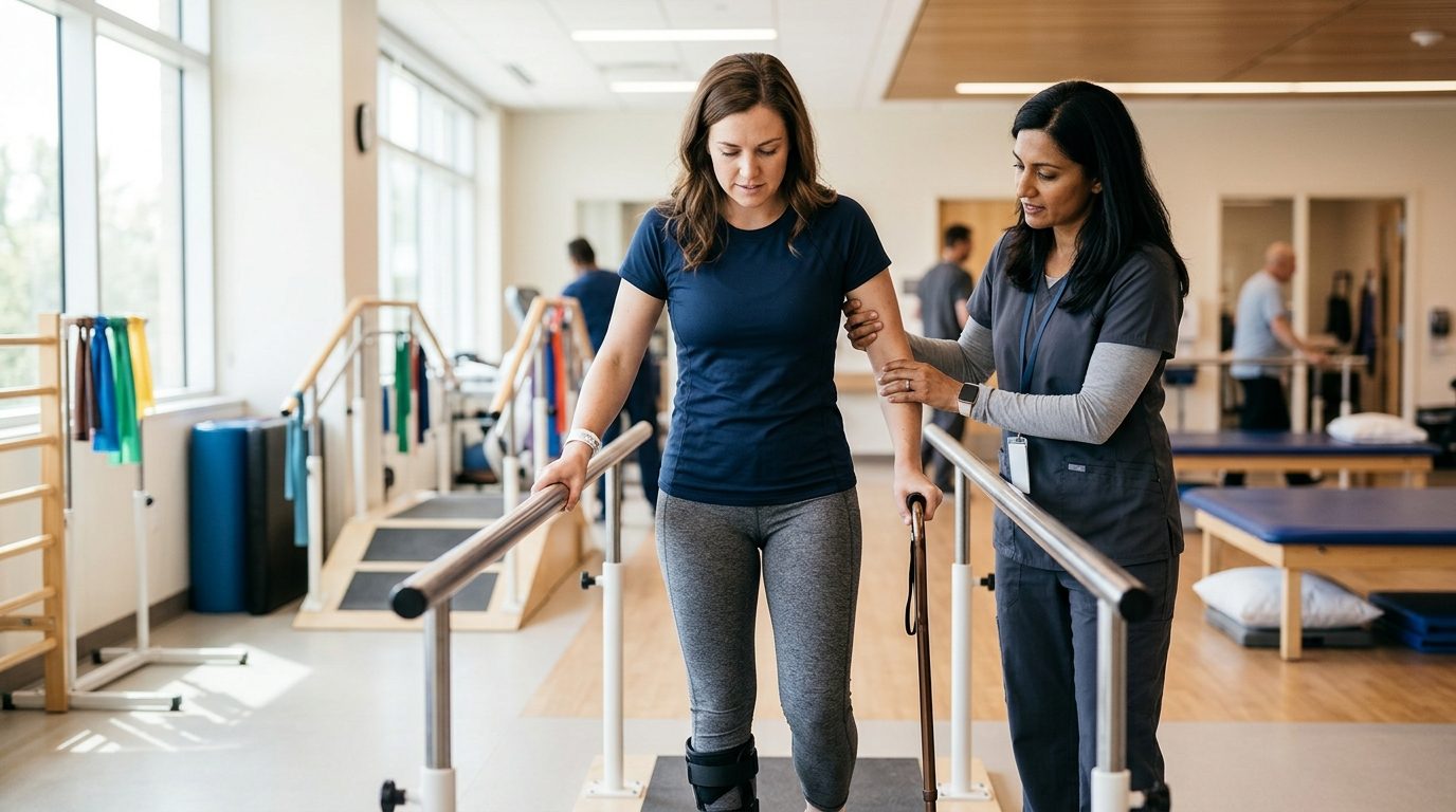 Airplane crash survivor working with physical therapist on mobility recovery in rehabilitation clinic.