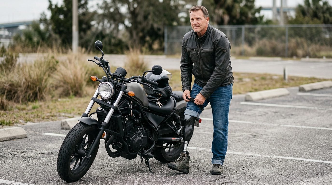 Amputee motorcycle rider with prosthetic leg standing beside parked motorcycle.