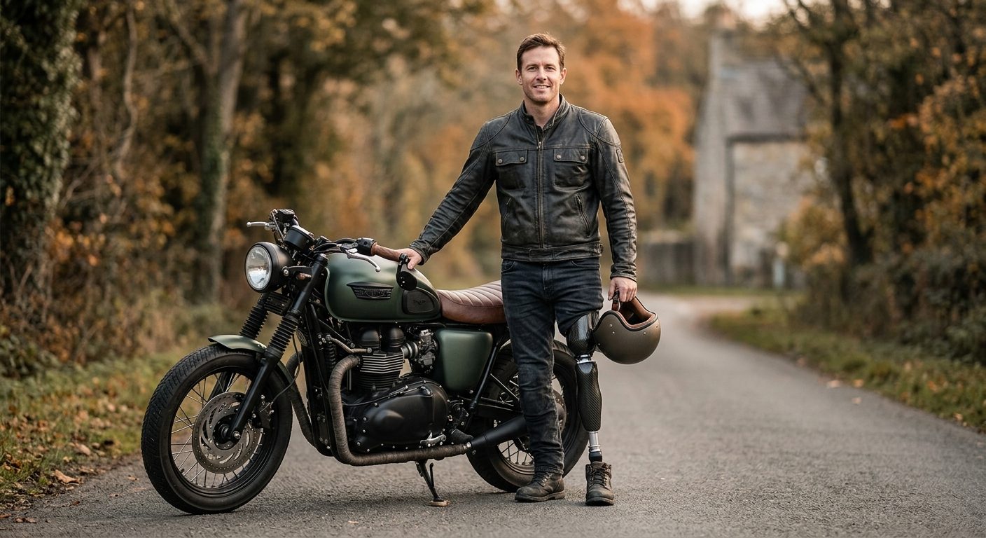 Amputee motorcycle rider with prosthetic leg standing beside parked motorcycle.