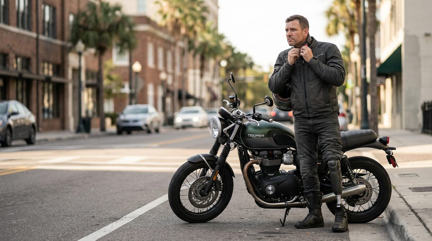 Amputee motorcycle rider with prosthetic leg standing beside parked motorcycle.