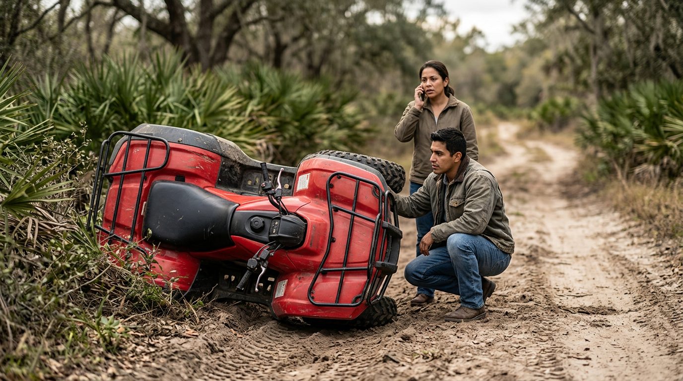 ATV volcado en un camino de tierra después de un accidente grave.