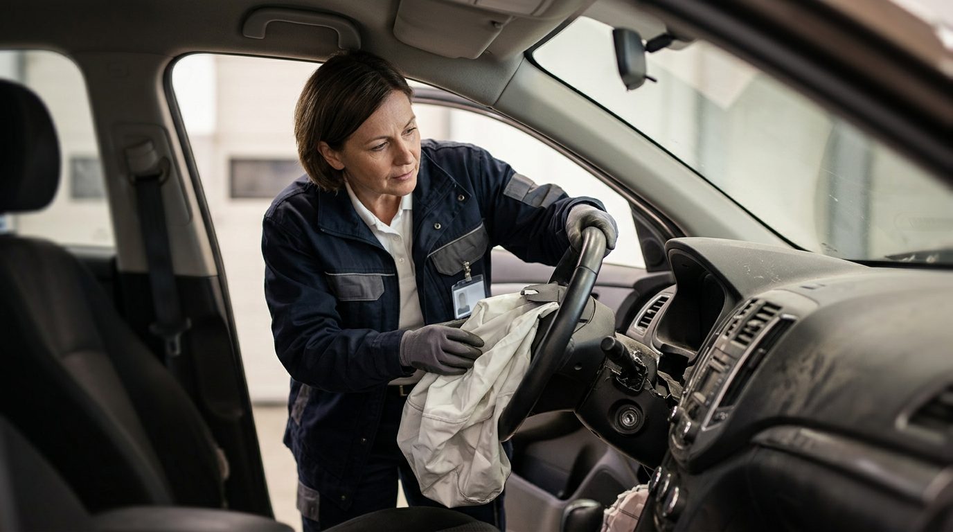 Automotive safety engineer inspecting deployed airbag and collapsed steering column in crash-tested vehicle.