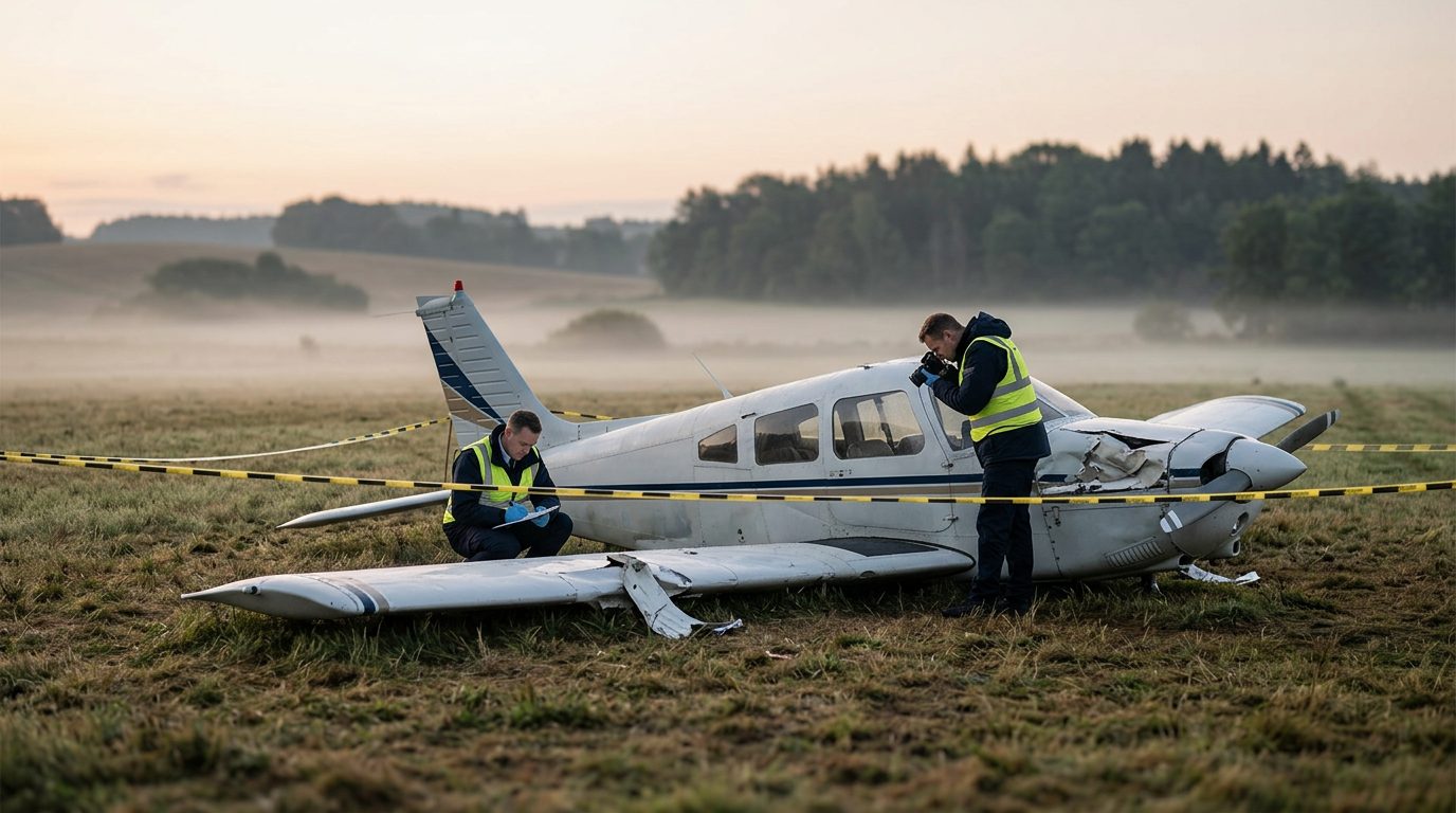 Aviation accident investigators examine small aircraft fuselage wreckage in cordoned field at dawn.