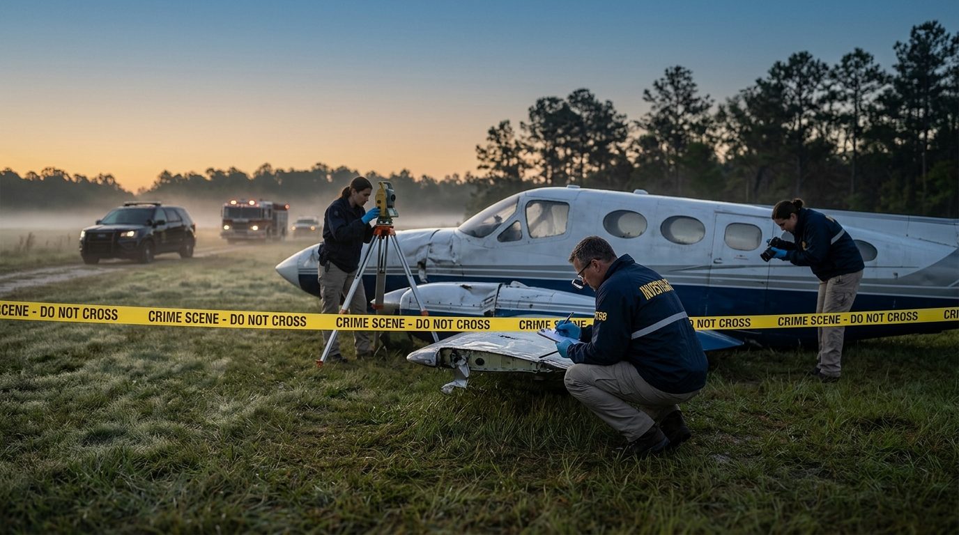Aviation accident investigators examine small aircraft wreckage in cordoned field at dawn.