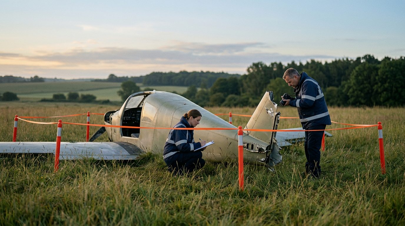 Aviation accident investigators examining aircraft wreckage in a cordoned field at dawn.