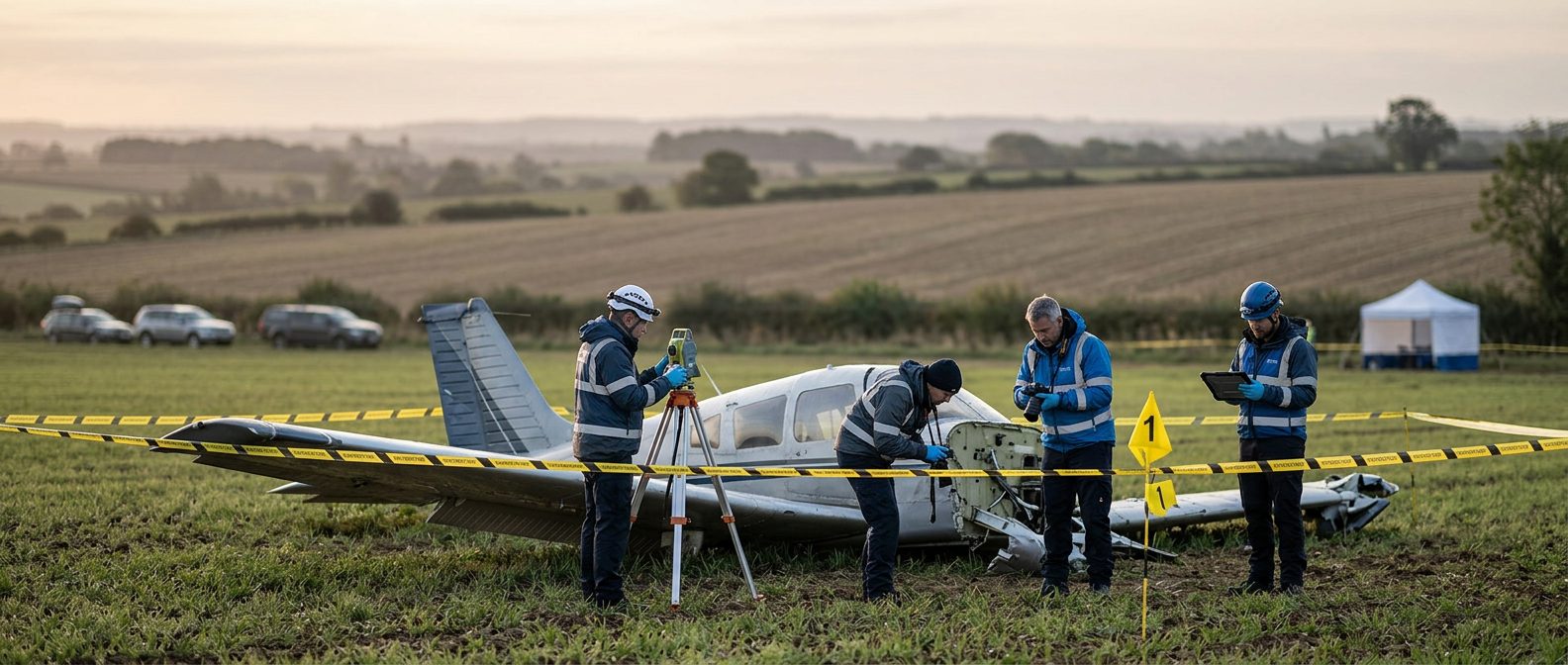 Aviation accident investigators examining aircraft wreckage in a cordoned field at dawn.