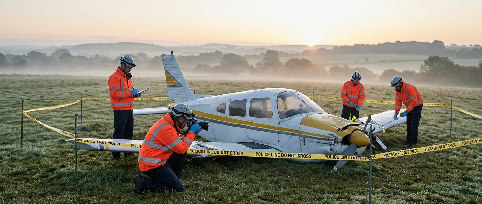 Aviation accident investigators examining small aircraft wreckage in cordoned field at dawn.