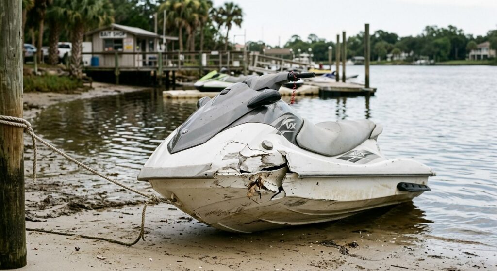 Beached jet ski with hull damage at a rental livery after a water collision.