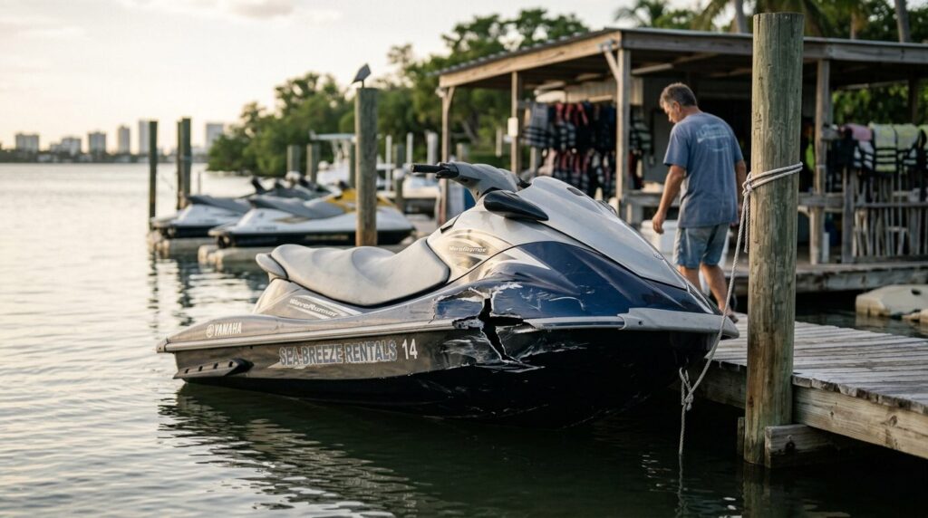 Beached jet ski with hull damage at a rental livery after a water collision.