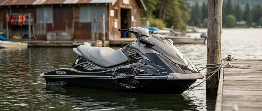 Beached jet ski with hull damage at a rental livery after a water collision.