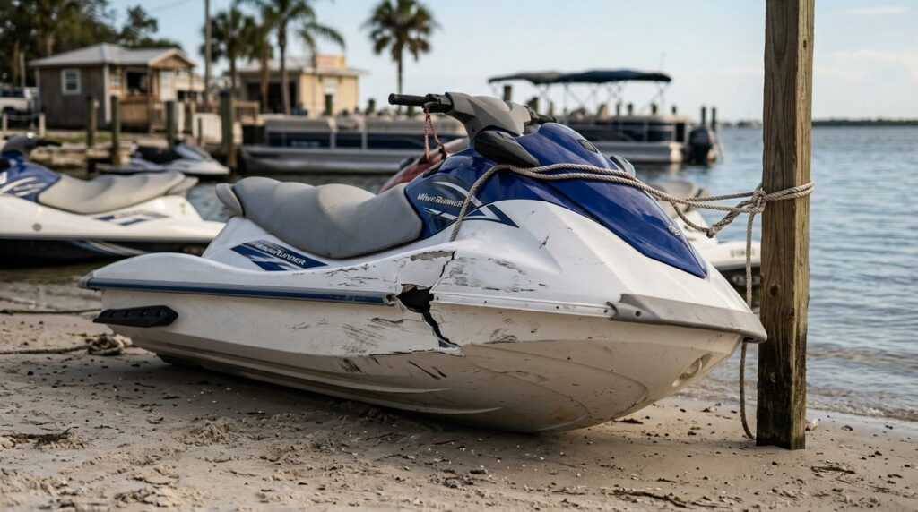 Beached jet ski with hull damage at rental livery after water collision.