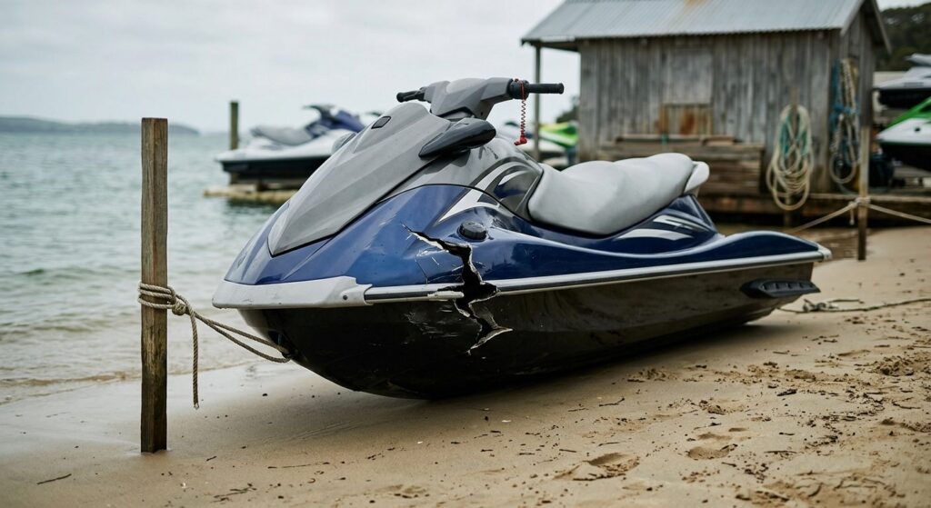 Beached jet ski with hull damage at rental livery after water collision.