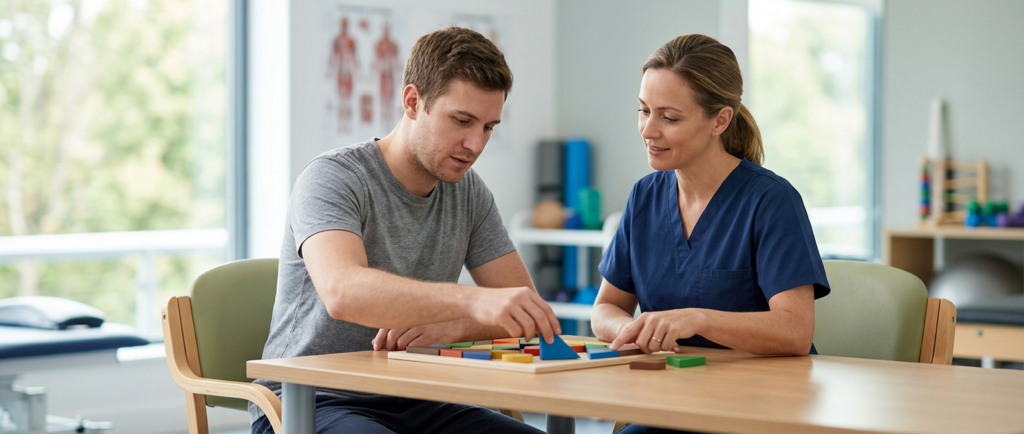 Brain injury patient practices memory and coordination exercises with a therapist during rehabilitation.