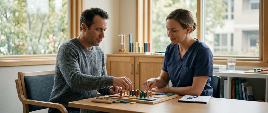Brain injury patient practicing memory and coordination exercises with a therapist during rehabilitation.
