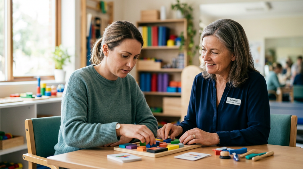 Brain injury patient practicing memory and coordination exercises with a therapist during rehabilitation.