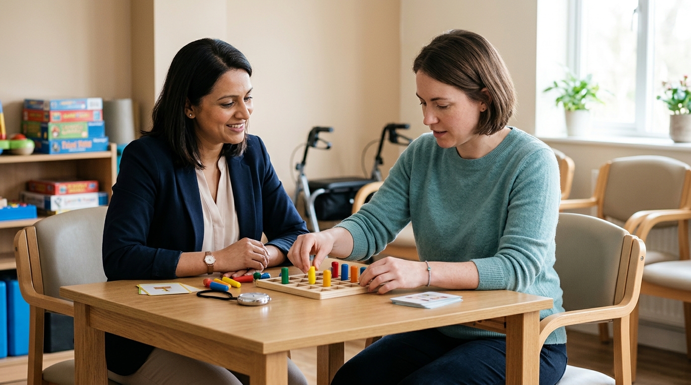 Brain injury patient practicing memory and coordination exercises with a therapist during rehabilitation.