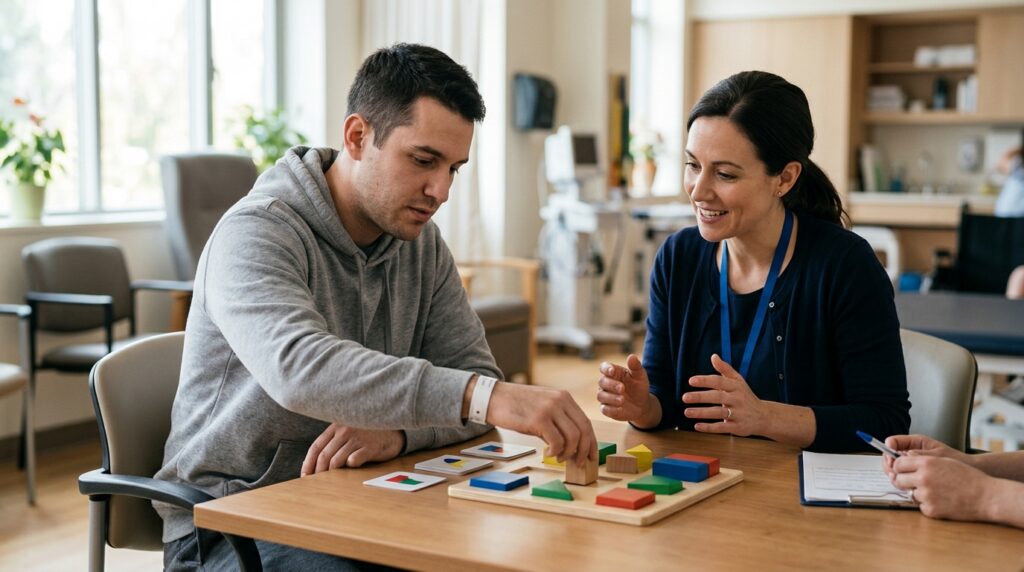 Brain injury patient practicing memory and coordination exercises with a therapist during rehabilitation.