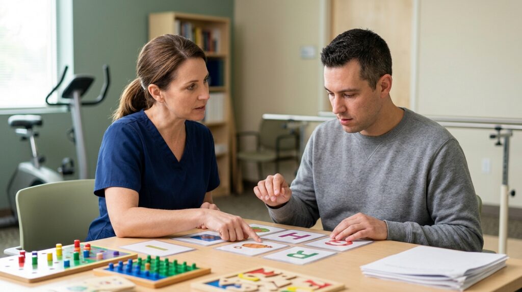 Brain injury patient practicing memory and coordination exercises with a therapist during rehabilitation.