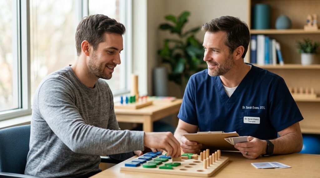 Brain injury patient practicing memory and coordination skills with a therapist during rehabilitation.
