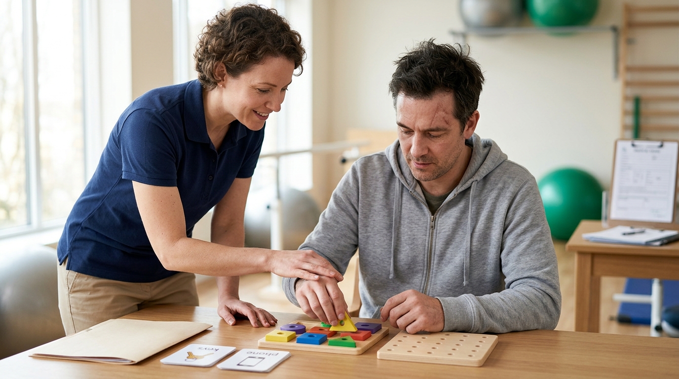 Brain injury patient practicing memory and coordination skills with a therapist during rehabilitation.