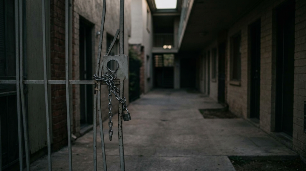 Broken security gate along a dark, unlit apartment walkway on unsafe property.